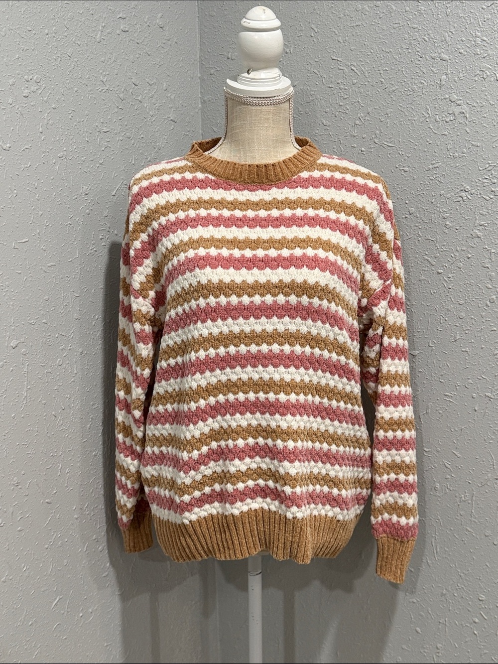 Striped Knit Crewneck Sweater - Pink, Cream & Brown Size XS